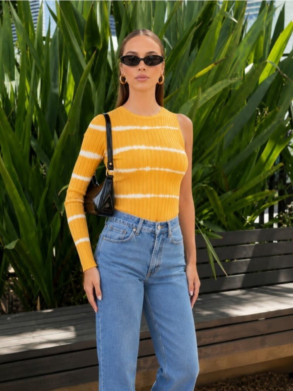 SANDRO Bali Ribbed Tie-Dye Striped One Shoulder Top Size 0 Yellow